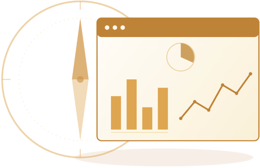 A compass with tick marks pointing toward a target, half obscured by an oversized dashboard screen filled with disconnected bar, line, and pie charts, illustrating tooling overtaking strategy.