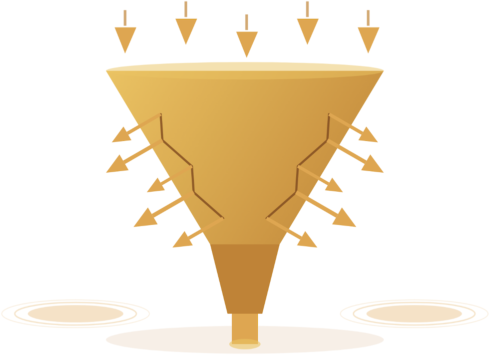 A gold funnel filling with small triangles at the top representing new customers, with a crack in the side letting droplets leak out while a steady stream continues down the neck, illustrating acquisition growth undermined by poor retention.