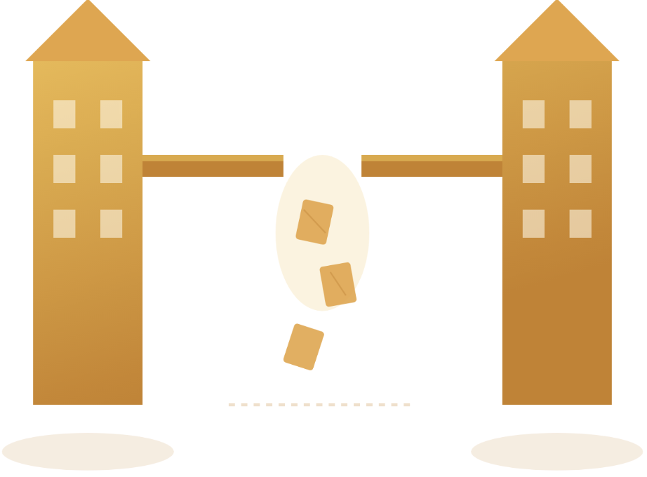 Two triangular towers, one for marketing and one for sales, connected by a bridge with a gap in the middle, with deal papers falling through the gap, illustrating lost handoffs between functions.