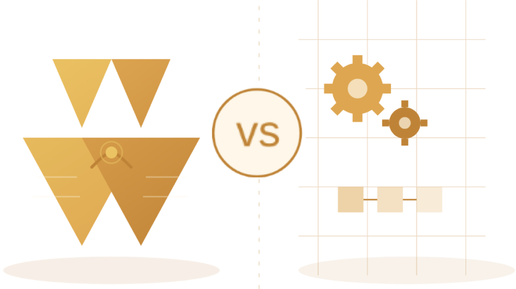 Two figures in warm connection vs. a mechanical grid of gears, illustrating relationship vs process